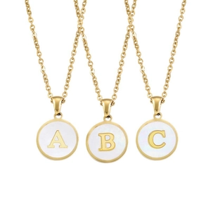 18K gold stainless steel necklaces with shell alphabet pendants A, B, and C on white background