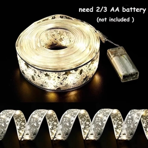 Detail of warm white LED Christmas ribbon lights with silver star patterns on mesh