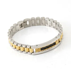 Men Stainless Steel Bracelet 18K Gold Plated Watch Band Link Chain With Carbon Fiber Inlay Fashion Jewelry