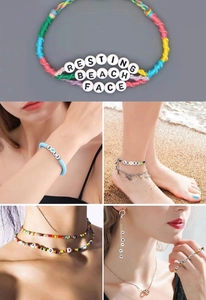 Collage of DIY acrylic alphabet bead jewelry sets including colorful summer beach bracelets