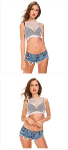 Detailansicht der Damen-Denim-Hotpants mit seitlichem Mesh und Ripped-Design