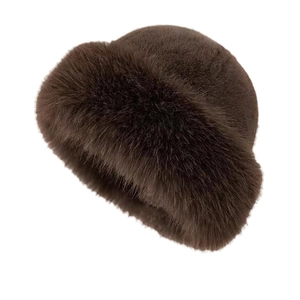 Thick warm faux fur mongolian hat for women in dark brown plush winter fisherman style