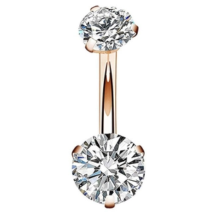 Rose gold navel ring featuring double round clear cubic zirconia on a white background