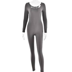 Detailed texture of grey high-elastic long sleeve bodysuit with U-neck design