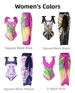 Detailed grid showing four one-piece swimsuits with matching tropical print sarongs