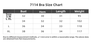 Detailed size chart for yoga sports bra and vest showing chest and length measurements