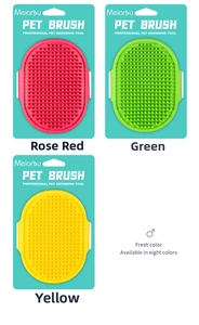 Silicone pet bath brushes in pink green and yellow with soft massage bristles