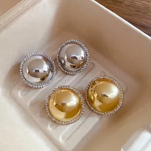 Large Round Mirror Stud Earrings With 925 Sterling Silver Earring Post Alloy Rhinestone Vintage Luxury Jewelry For Women