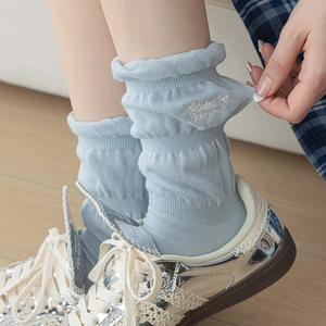 Gray cotton crew socks with ruffle edge, bow embroidery and Bebe Bonjour text
