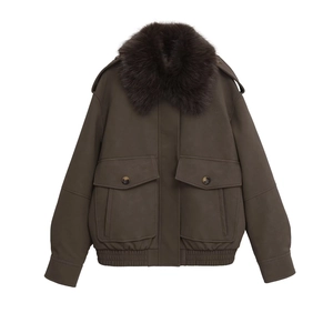 Women Faux Leather Jacket With Faux Fur Collar Long Sleeve Bomber Zip Up Solid Color Chic Winter Outwear