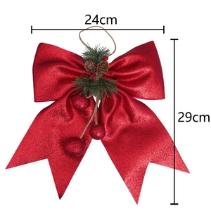 Red Christmas bow decoration with pine cones and glitter finish, size 24cm x 29cm