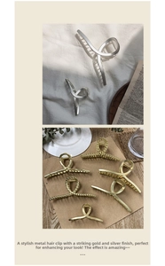 Detailed macro view of metallic gold and silver hair claw clips with various textures