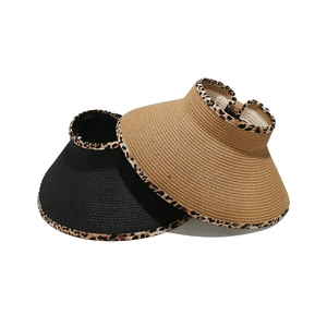Foldable women's straw sun visor hat with leopard print brim in black and khaki