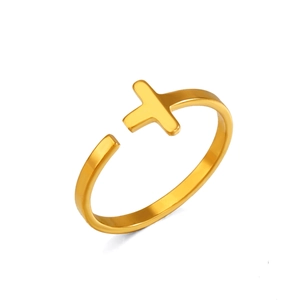 Polished gold minimalist stainless steel open ring with cross design on white background