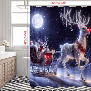 Christmas shower curtain with reindeer and red sleigh design in modern bathroom