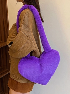 Furry purple heart shaped plush shoulder bag for women with soft faux fox hair texture