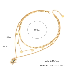 Detailed size specifications of gold multi-layer stainless steel necklace with evil eye charm