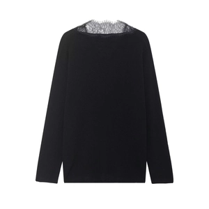 Women's black V-neck knit sweater featuring elegant floral lace patchwork detail