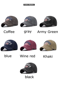 Seven colors of washed cotton baseball caps with embroidered American flag and 1776 logo