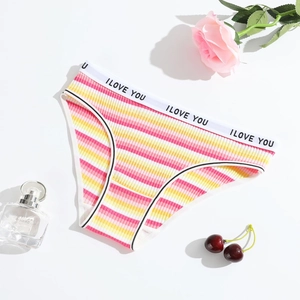 Pink and yellow striped cotton panties for women with I LOVE YOU lettered waistband