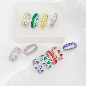 Rainbow eternity ring with multi-colored triangle-cut cubic zirconia in silver setting