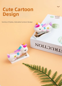 Close-up of unicorn cartoon mini stapler with colorful mane on pastel background
