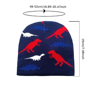 Kids navy knit beanie with colorful dinosaur patterns and sizing chart detail