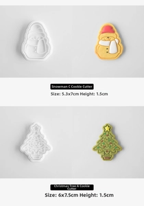 Detailed press-style Christmas cookie cutters in snowman and tree shapes with measurements