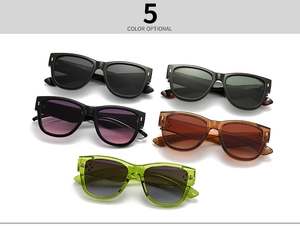 Detailed display of five color options for stylish cat-eye sunglasses including tortoise shell