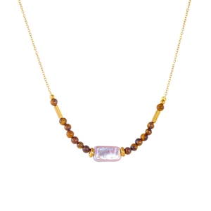 Tiger eye beads and purple pearl pendant on gold stainless steel chain necklace
