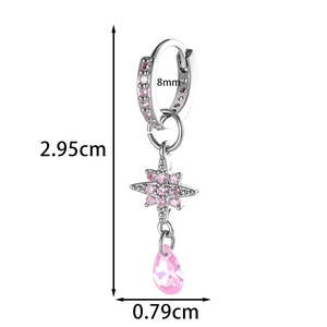 Star earrings with pink zircon droplets and detailed dimensions of 2.95cm height