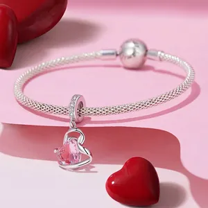 S925 sterling silver snake chain bracelet featuring a pink heart pendant charm