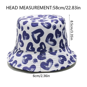 Detailed size chart for white heart-print bucket hat showing brim and crown measurements