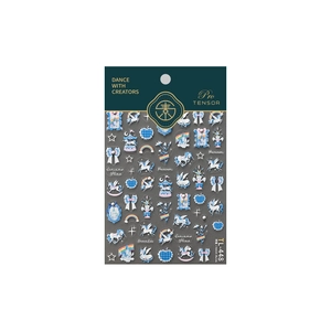 Blue unicorn nail stickers with rainbow and castle designs on professional card packaging