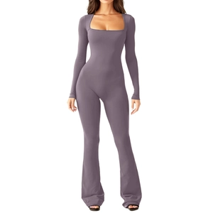 Detail of square neck long sleeve purple flare jumpsuit with elastic shaping fit