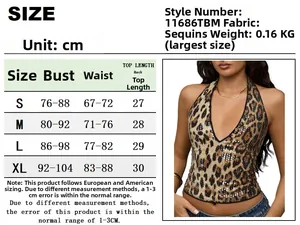 Detailed size chart for the leopard sequin halter crop top in centimeters and inches
