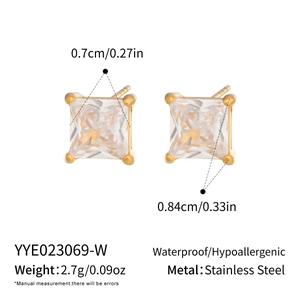 Detail of square clear zircon earrings in 18K gold plated stainless steel waterproof metal