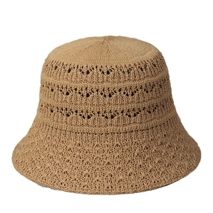Hollow knit khaki bucket hat for women with minimalist breathable design for summer sun