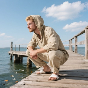 Men's linen hooded shirt and pants beach set shown in a relaxed pose on a wooden pier
