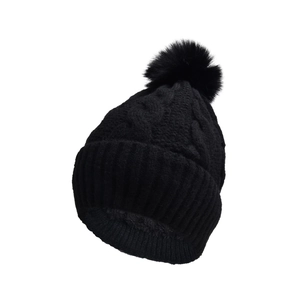 Winter black knit beanie with cable pattern, faux fur pom-pom, and warm fleece lining