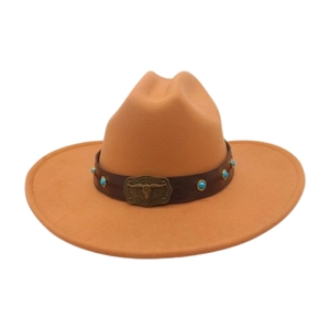 Detail of khaki felt fedora featuring leather band with bull head buckle and turquoise