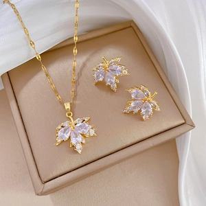 Maple Leaf Zirconia Necklace And Earrings Gold Plated Copper Stainless Steel Chain Silver Earring Post Elegant Women Jewelry