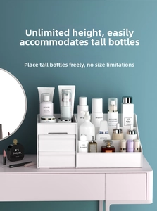 Detail view of drawer-style makeup organizer with multi-tier storage for skincare bottles