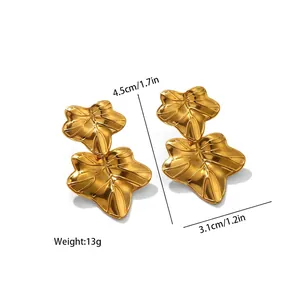 Irregular gold double layer leaf drop earrings in polished stainless steel for women