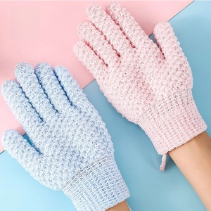 Peeling-Duschhandschuhe aus Nylon in Rosa und Hellblau mit elastischem Bund und Kordel