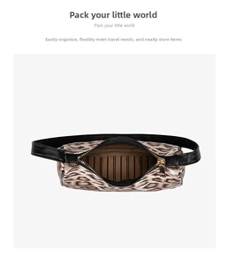 Interior view of leopard print shoulder bag showing striped lining and golden zipper