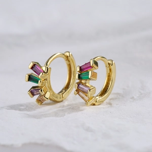Irregular geometric gold plated earrings with colorful rectangular zircon stones