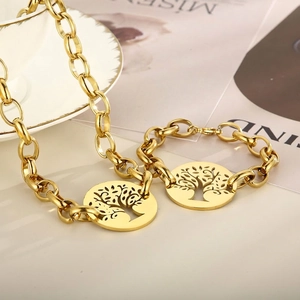 Tree Of Life Necklace And Bracelet 304 Stainless Steel Hollow Round Pendant Chunky Link Chain Fashion Women Jewelry