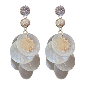 Silver needle shell tassel earrings with zircon studs and elegant sunburst metal accents
