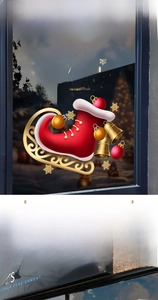 Dettaglio adesivo per vetrine calza di Natale rossa con scritta Merry Christmas e campane